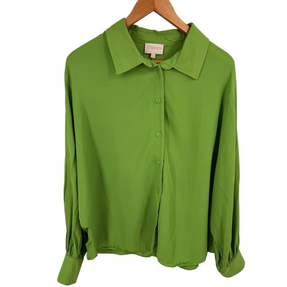 Ciebon Womens Dolman Sleeve Button Up Top Bright Green Size Large Tencel Blend
